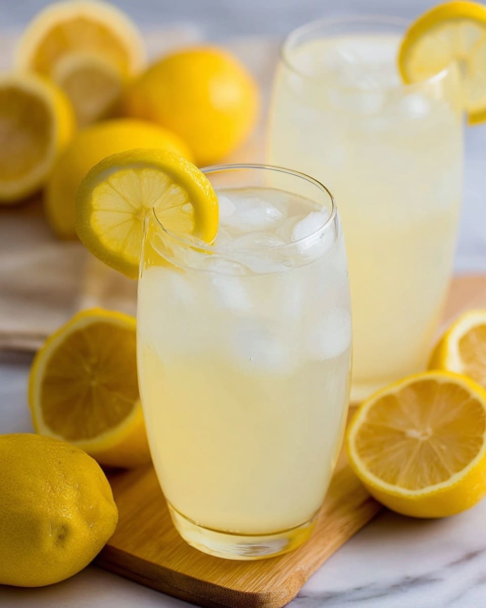 The image shows a clear glass filled with pale yellow lemonade and ice cubes floating on top. A bright yellow lemon slice is placed on the rim of the glass. Behind it, another similar glass with lemonade, ice, and a lemon slice is slightly out of focus. To the side, there are halved and whole lemons with a vibrant yellow color resting on a white marbled surface. The glass sits on a small wooden board, adding a warm texture contrast to the scene. photo taken with an iphone --ar 4:5 --v 7
