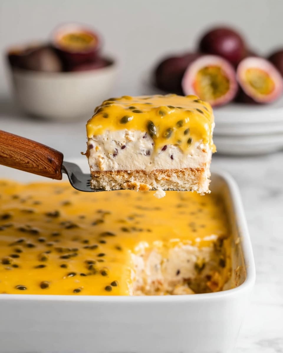 A square slice of creamy dessert is lifted by a metal spatula with a wooden handle over a white baking dish filled with the same dessert. The dessert has three visible layers: a soft light brown cake base, a thick middle layer of pale, creamy filling with small dark seeds, and a smooth, glossy bright yellow topping speckled with black passion fruit seeds that also covers the rest of the dessert in the dish. In the blurred background, there is a white bowl filled with whole and half passion fruits on a white marbled surface. The focus is on the dessert slice showing the texture of each layer clearly. Photo taken with an iphone --ar 4:5 --v 7