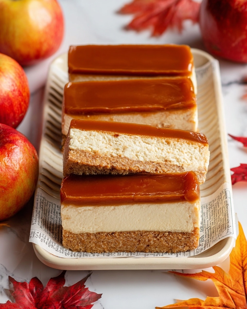 The image shows four rectangular slices of a layered dessert on a white tray with ridged edges, lined with a paper featuring printed text. Each slice has three visible layers: the bottom layer is a crumbly, light brown crust, the middle layer is a thick, creamy, off-white filling with a smooth but slightly textured surface, and the top layer is a glossy, rich caramel-colored glaze covering the entire top of each slice. Around the tray, there are bright red apples and orange-red autumn leaves on a white marbled surface. photo taken with an iphone --ar 4:5 --v 7