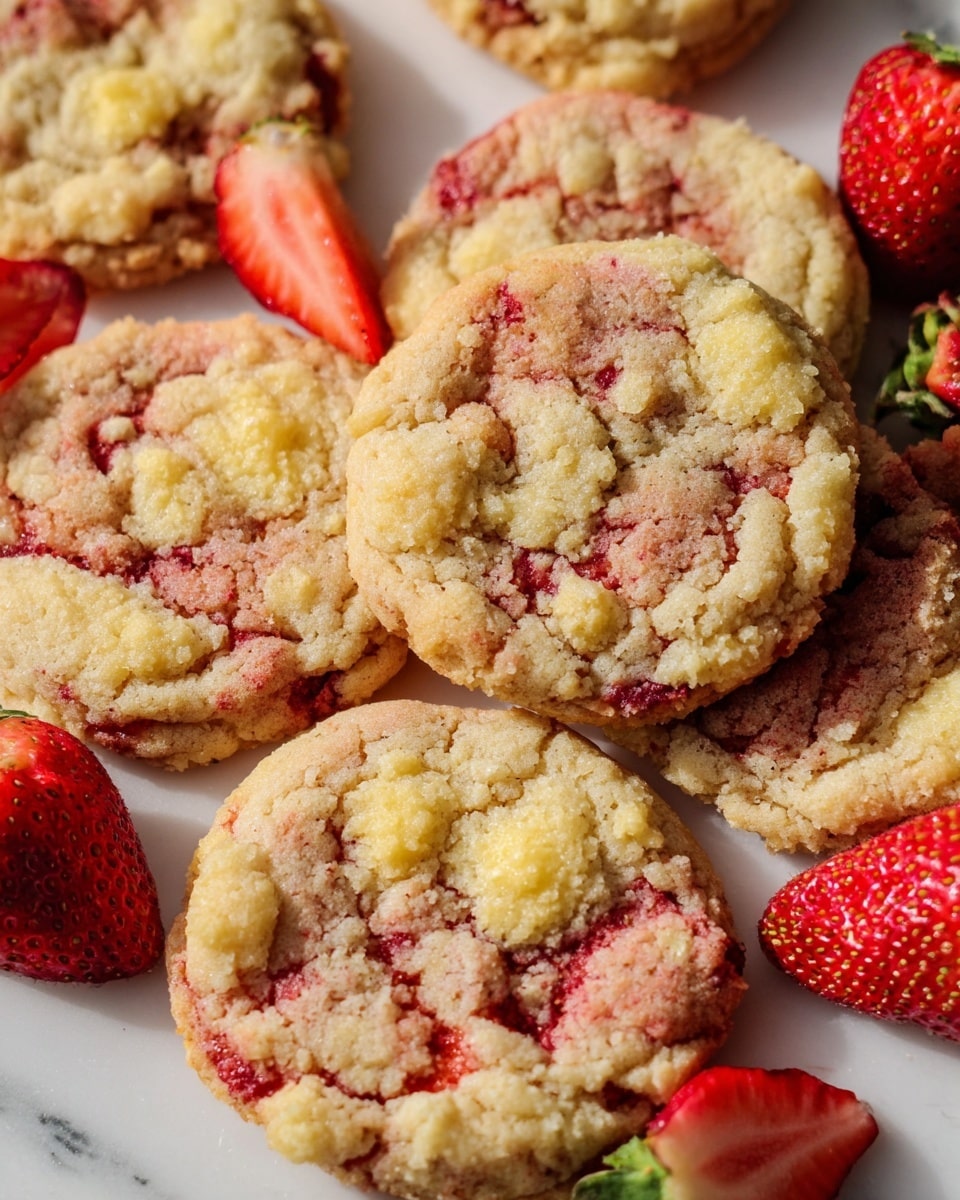 The image shows a close-up of several round strawberry cookies with a crumbly texture, each cookie featuring a golden-yellow streusel-like topping scattered unevenly across the surface. The cookies have a light brown base with visible red strawberry pieces mixed throughout, giving them a slightly marbled pink-red appearance. They are placed on a white marbled surface with some fresh halved and whole strawberries arranged among them, adding bright red and green accents. The cookies appear thick and soft, with a slightly crinkled surface. photo taken with an iphone --ar 4:5 --v 7