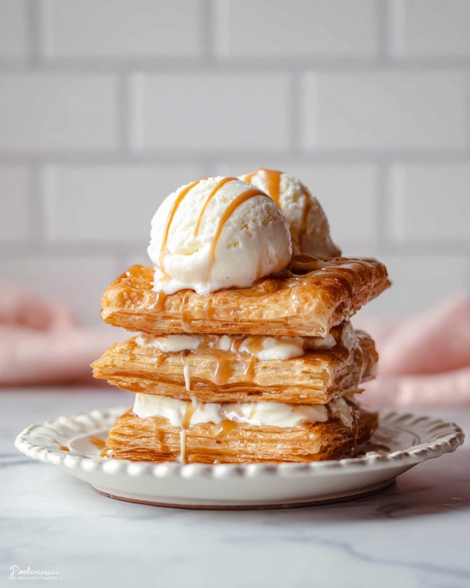 A stack of three golden-brown, flaky pastry layers sits neatly on a white plate with a scalloped edge. On top of the stack are two scoops of creamy white ice cream, slightly melting with white sauce dripping down the sides of the pastry layers. The ice cream is drizzled with caramel sauce that adds a shiny, rich contrast to the soft cream and crispy pastry. The background features a soft white marbled surface and subtle white tiled wall, adding a clean, bright atmosphere to the image. Photo taken with an iphone --ar 4:5 --v 7