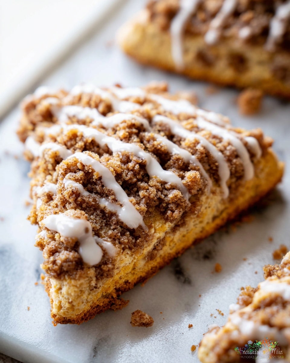 The image shows a close-up of a triangular scone resting on a white marbled surface. The scone has three visible layers: a base layer of golden-brown dough with a slightly crumbly texture, a thick topping of rough, crumbly, dark brown streusel, and a thin drizzle of white icing spread unevenly over the top. There are scattered crumbs around the scone, adding to the rustic feel. A partial view of another similarly layered scone is seen in the bottom right corner of the image. Photo taken with an iphone --ar 4:5 --v 7
