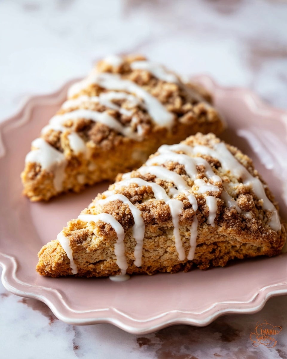 Two triangular scones are placed on a white scalloped plate with a soft pink tone. Each scone has a crumbly, golden-brown base layer with a rough texture and is topped with a thick crumb layer made of darker brown crumbs. White icing is drizzled unevenly over the crumb topping, creating small glossy streaks. The background is a white marbled texture, softly blurred to keep focus on the scones. photo taken with an iphone --ar 4:5 --v 7