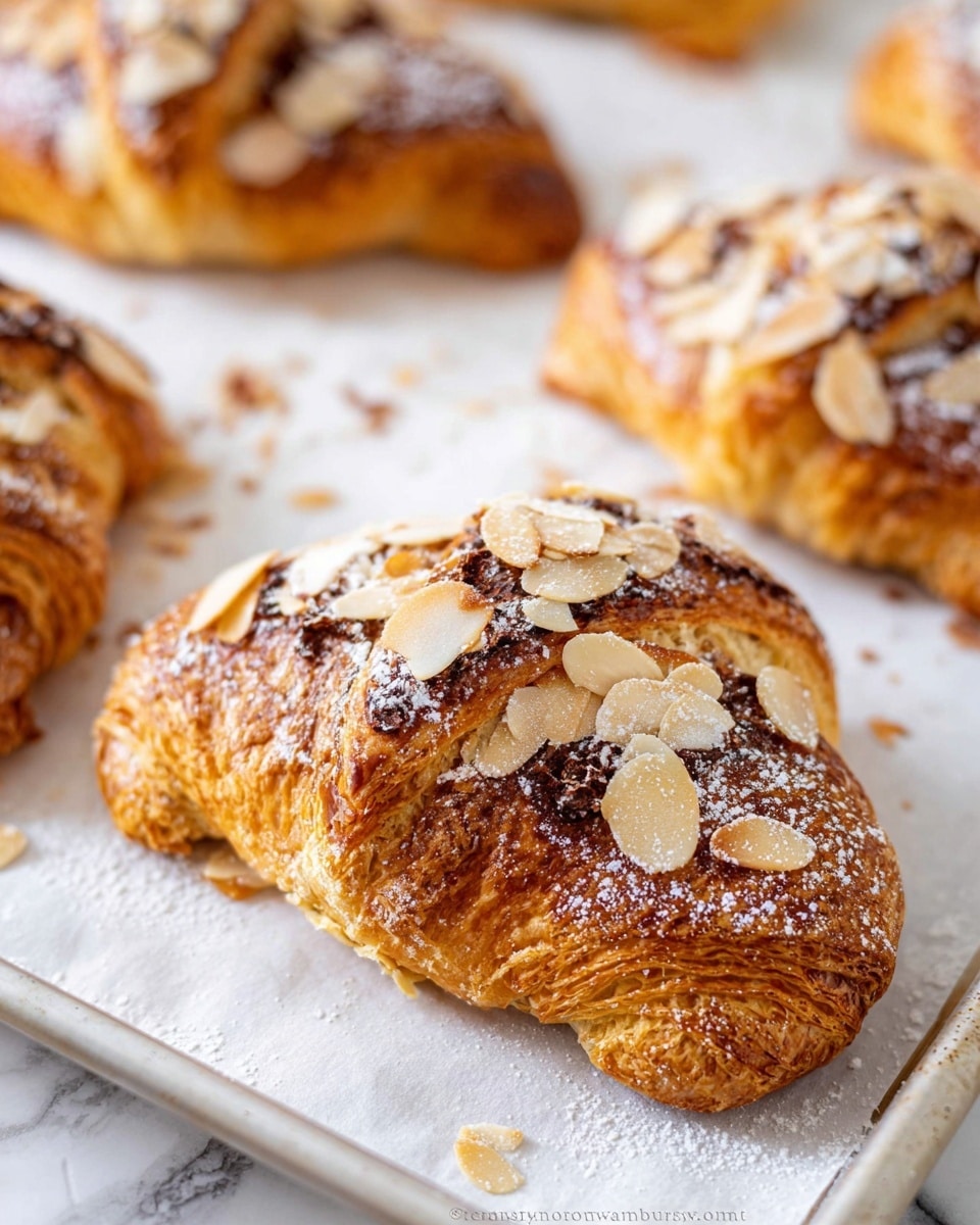 A golden brown croissant with many flaky layers is shown on a white tray covered with white parchment paper, topped with thinly sliced almond flakes and a light dusting of powdered sugar. The croissant's crust is shiny with a slightly crispy texture, and some darker toasted almond pieces are scattered on top. The background shows more croissants, slightly out of focus, on the same white parchment paper and tray, all resting on a white marbled surface. photo taken with an iphone --ar 4:5 --v 7
