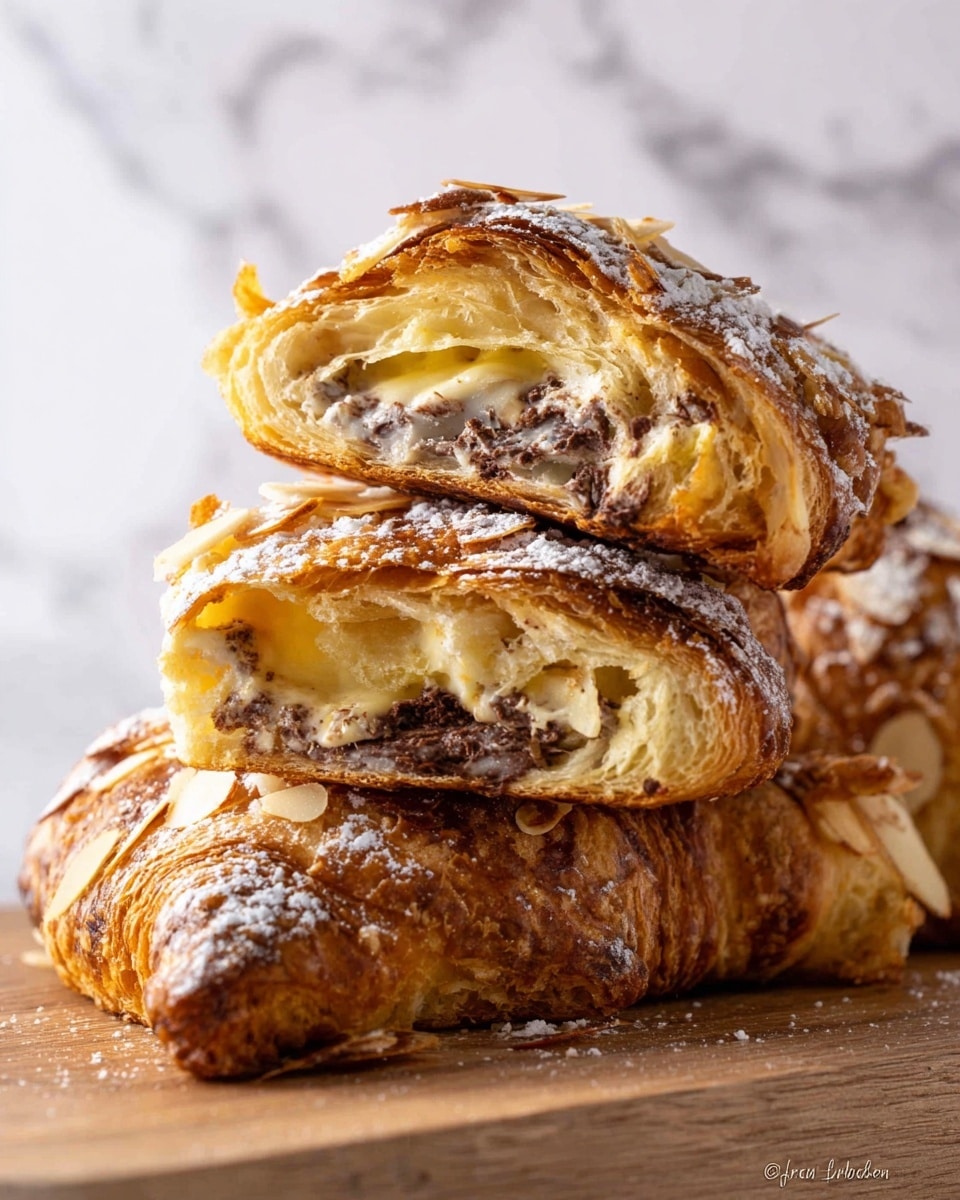The image shows a close-up of a flaky, golden-brown croissant with a crispy outer layer dusted lightly with powdered sugar and topped with thin almond slices. The croissant is cut open, revealing a soft, airy interior with visible layers of light, creamy yellow dough and rich dark chocolate pieces melted inside. The croissant is stacked with a broken half resting on top of another whole piece, placed on a wooden surface against a white marbled background, highlighting the contrast of textures and colors. photo taken with an iphone --ar 4:5 --v 7