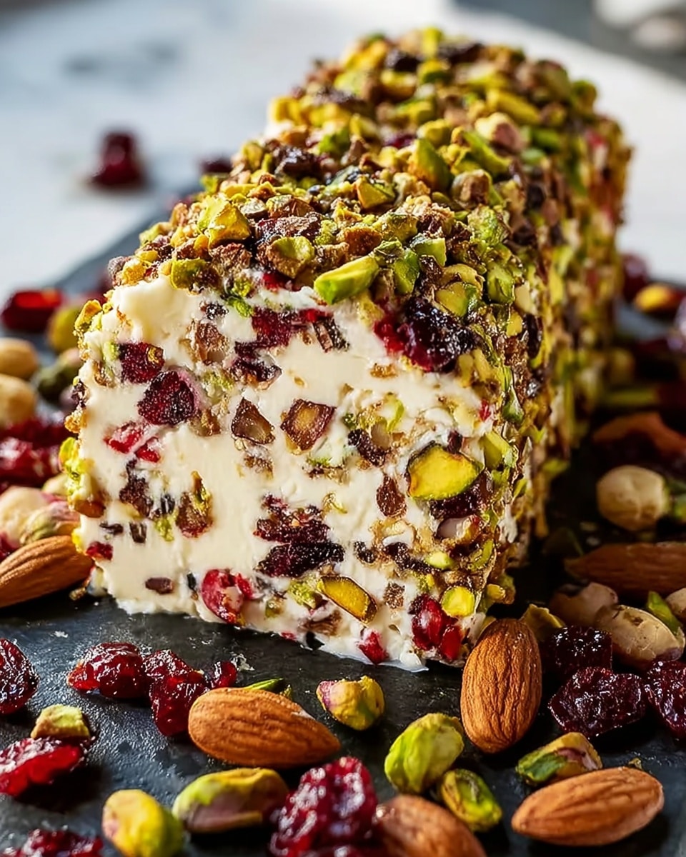 A close-up of a rectangular cheese log covered in a mix of chopped green pistachios, dark red cranberries, and brown almonds, creating a colorful, chunky outer layer. The cheese inside is creamy white with bits of nuts and cranberries mixed throughout, giving it a rich texture. The log sits on a dark slate board scattered with more whole and chopped nuts in green, brown, and red shades. The background is a white marbled texture, with soft natural light highlighting the textures and colors. photo taken with an iphone --ar 4:5 --v 7