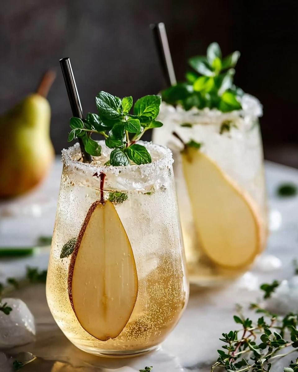 Two clear glasses filled with a light amber bubbly drink, each with large ice cubes inside. Both glasses have a thin slice of speckled pear resting along the edge inside the drink, and a green sprig of fresh thyme standing upright as garnish. The front glass is sharply focused, showing condensation on the outside and details of bubbles inside, while the second glass is softly blurred in the background. The setup is on a rustic wooden surface with scattered thyme sprigs and soft, warm natural light. Photo taken with an iphone --ar 4:5 --v 7