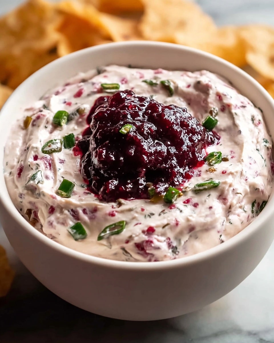 A bowl of creamy dip with a light pink color mixed with small dark red bits, topped with a small pile of deep red chopped fruit and scattered green herb pieces, served in a white bowl with a subtle gold rim. The dip has a smooth, slightly thick texture with visible small pieces throughout. Around the bowl are light golden crackers with a rough texture, all placed on a white marbled surface. Photo taken with an iphone --ar 4:5 --v 7