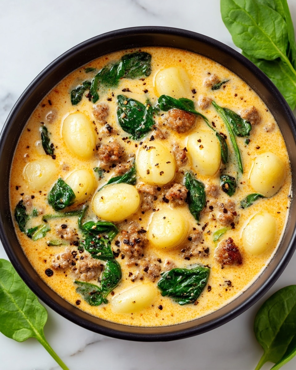 A white bowl filled with a creamy soup showing three main layers: at the bottom, a smooth orange-yellow broth, then a thick layer with soft, plump gnocchi pieces in pale cream color, along with small browned sausage chunks, and scattered green spinach leaves. The top is sprinkled with black pepper flakes and grated cheese, giving speckled textures. The bowl sits on a dark cloth with a blurred background featuring green spinach leaves and torn bread on a white marbled surface. Photo taken with an iphone --ar 4:5 --v 7