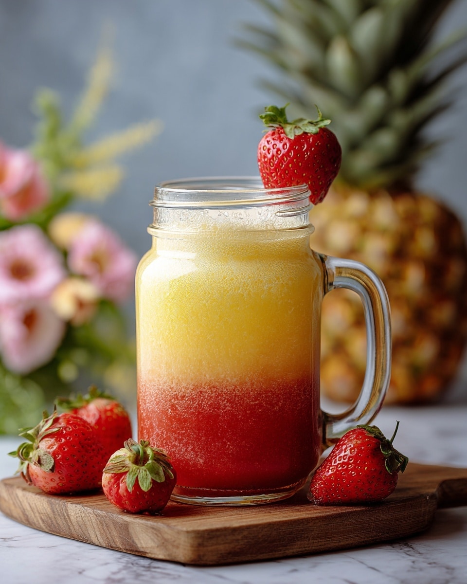 A clear glass mug with a handle is filled with a two-layer drink, the bottom half is a textured red-orange color that blends softly into a frothy bright yellow top half. A fresh red strawberry with its green leafy top sits on the rim of the mug. Around the base of the mug are several strawberries, and in the blurred background, there are purple, pink, and blue flowers with a whole pineapple. The setting is on a white marbled surface with soft natural light. photo taken with an iphone --ar 4:5 --v 7