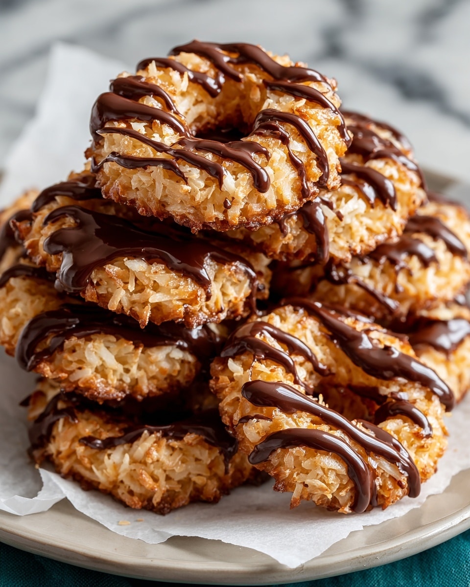 A stack of round cookies with a hole in the middle, each cookie golden brown and textured with toasted shredded coconut, sits on a piece of white parchment paper resting on a white plate. The cookies are topped with thick, glossy drizzles of dark chocolate running across their surface and some chocolate covering a part of the bottom edge. The plate is partially filled, showing a rich contrast between the warm tones of the cookies and the shiny dark chocolate against the clean white plate and the white marbled texture background. photo taken with an iphone --ar 4:5 --v 7
