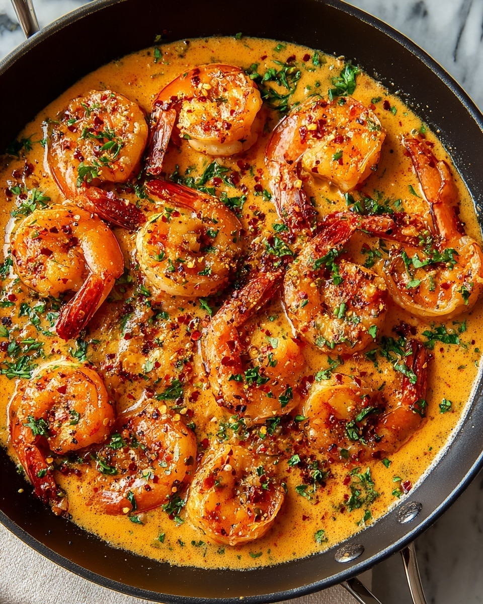 A black cast iron pan filled with about a dozen medium-sized shrimp cooked in a creamy orange sauce, each shrimp browned slightly and curled, with bright orange tails visible. The sauce is smooth and thick, coating the shrimp and pooling in the pan. The shrimp are sprinkled with finely chopped green herbs and red spices, adding texture and color contrast. The pan sits on a white marbled surface with a light cloth underneath the handle. Photo taken with an iphone --ar 4:5 --v 7