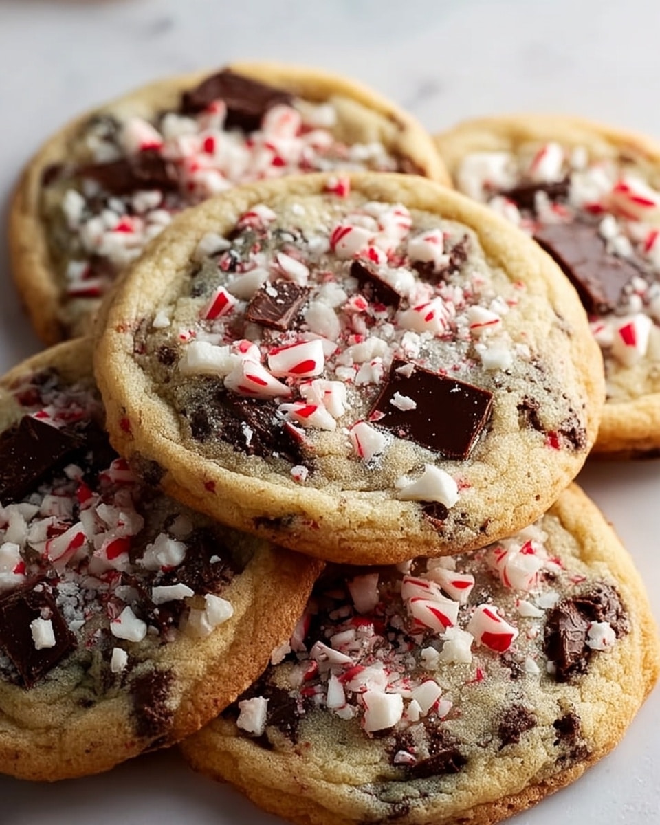 A close-up image of five round cookies stacked closely together on a white marbled surface, each cookie showing a light golden brown edge with a soft, slightly chewy center. The cookies are studded throughout with large dark chocolate chunks and topped with small, uneven pieces of crushed white and red peppermint candy. The texture of the cookies looks soft and slightly chewy with a slight crispness on the edges. photo taken with an iphone --ar 4:5 --v 7