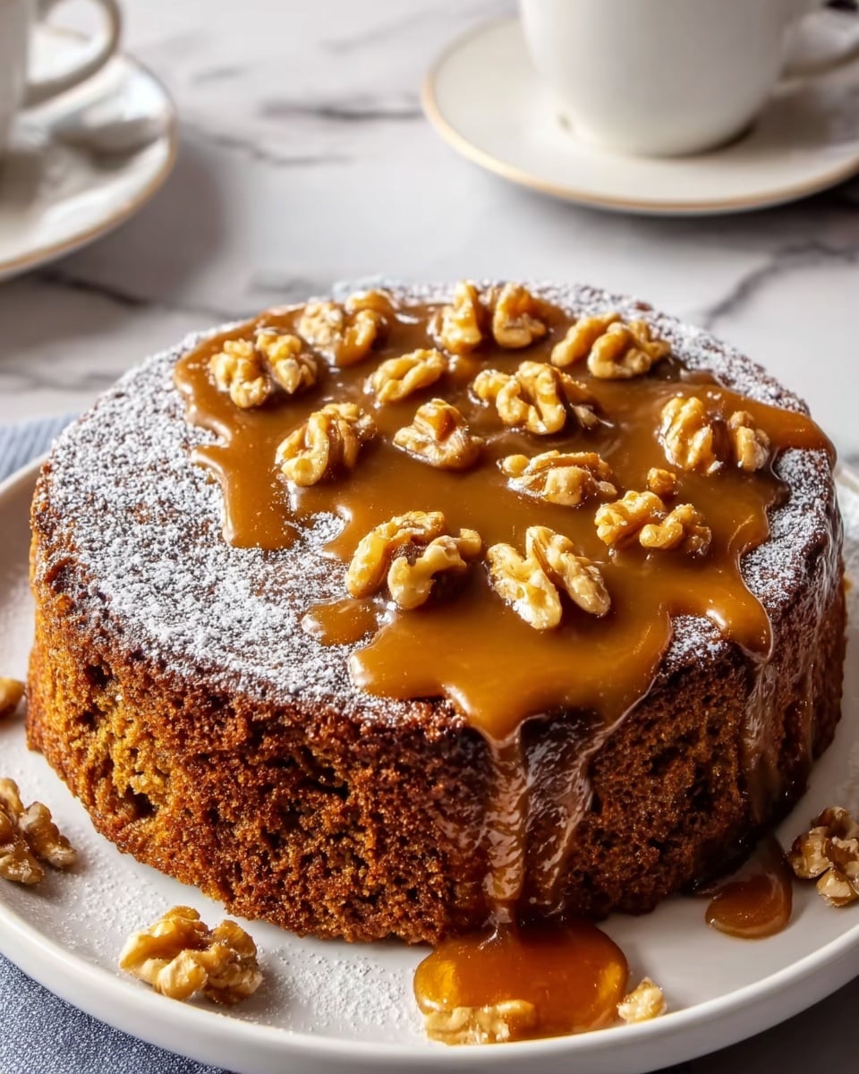 A single thick round layer of brown cake with a moist texture is placed on a white plate, topped with a shiny layer of golden caramel sauce that slightly drips down the sides. The caramel is decorated with whole walnut halves arranged evenly on top. A light dusting of white powdered sugar covers the top and part of the plate. Extra walnut pieces are scattered around the base of the cake on the plate. The scene is set on a white marbled surface with a faint glimpse of a white cup and saucer in the background. Photo taken with an iphone --ar 4:5 --v 7