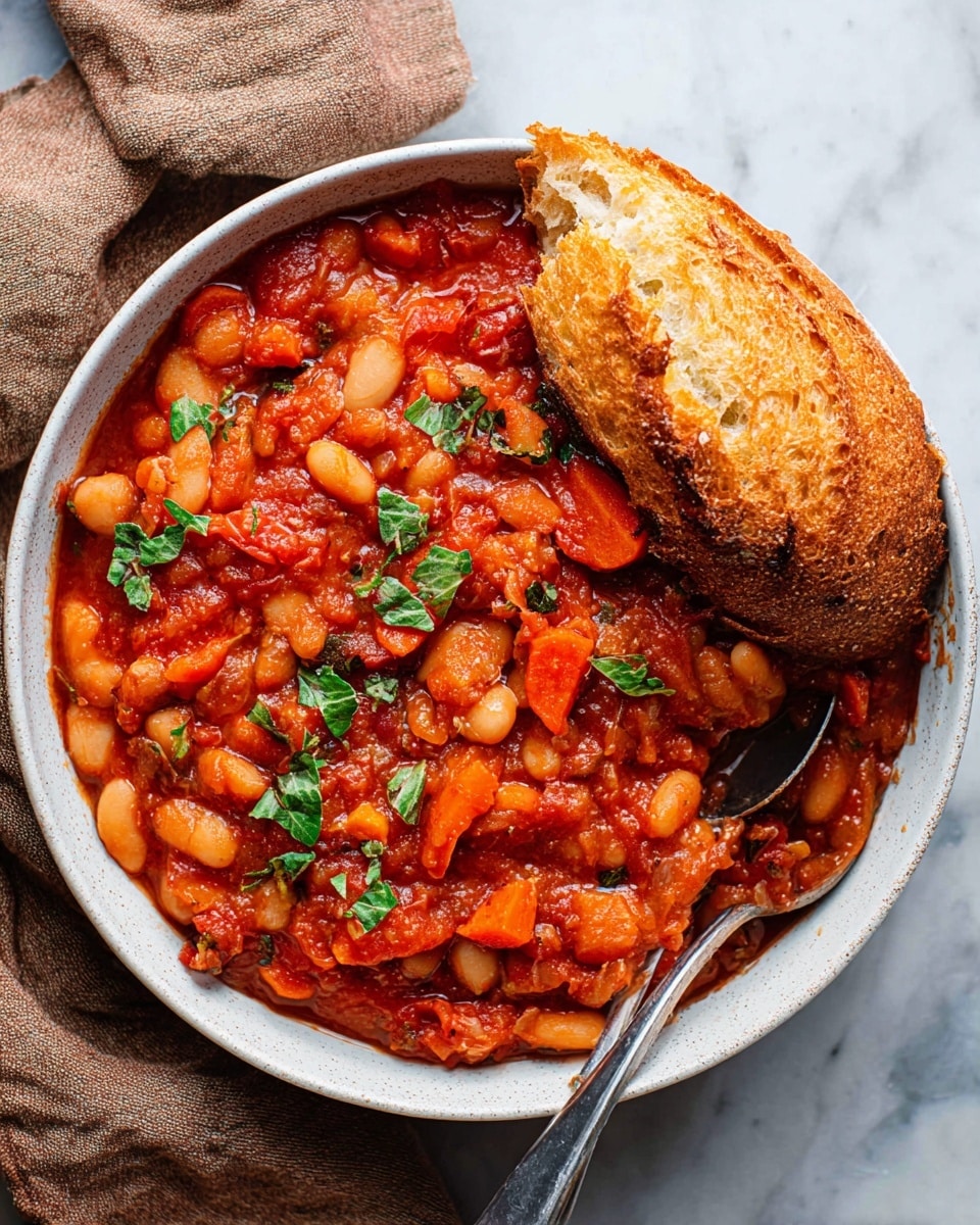 A deep white bowl filled with chunky tomato stew showing layers of soft white beans and diced orange carrots mixed in a thick red tomato sauce. Fresh green herb leaves are scattered on top adding a fresh look. On the right side of the bowl, a piece of golden brown, crusty bread is placed partially dipping into the stew. A shiny metal spoon rests inside the bowl near the top, ready to scoop the stew. The bowl sits on a white marbled surface with a light brown cloth nearby. photo taken with an iphone --ar 4:5 --v 7
