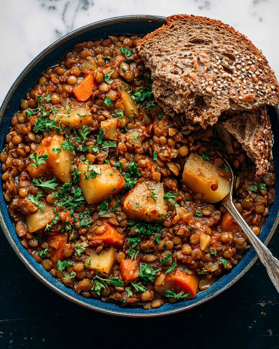A deep blue bowl filled with a thick lentil stew showing multiple layers of brown lentils mixed with orange carrot pieces and chunks of soft cooked potatoes. Fresh green parsley leaves are scattered on top, adding contrast. On the right side of the bowl, a piece of broken whole grain bread with visible seeds rests partly submerged in the stew. A silver spoon lies inside the dish on the right edge, slightly covered by the lentil mixture. The bowl sits on a white marbled surface. photo taken with an iphone --ar 4:5 --v 7