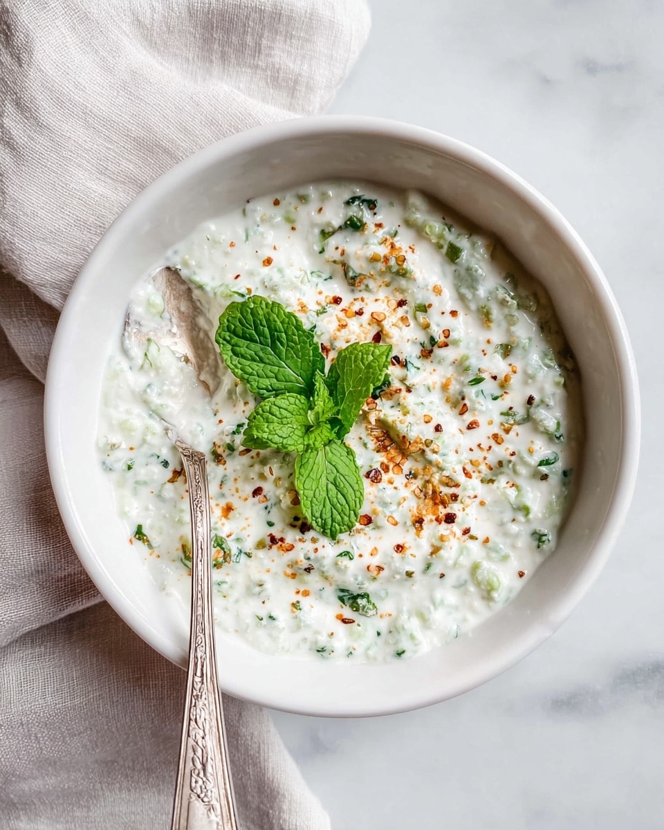 A white bowl filled with a creamy, thick white yogurt mixed with finely chopped green herbs, giving the dish a speckled green texture throughout. On top, there is a sprinkle of reddish-brown spices, adding small dots of color across the surface. In the center, fresh green mint and coriander leaves sit as a garnish, offering a bright and leafy contrast. A vintage-style silver spoon is placed inside the bowl on the left side, resting in the creamy mixture. The bowl is set on a white marbled surface with a soft, light-colored fabric blank partially visible in the background. Photo taken with an iphone --ar 4:5 --v 7
