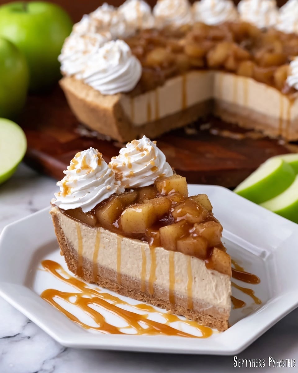 The image shows a slice of apple pie on a white octagonal plate with caramel sauce drizzled around it. The pie slice has three layers: a light brown crust at the bottom, a smooth beige filling in the middle, and a topping of cooked, diced apples with a glossy texture on top. There are three swirls of white whipped cream on top of the apple layer, each lightly drizzled with caramel sauce. In the background, the whole pie with similar layers and whipped cream decoration is visible, along with green apple slices and a dark wood surface that is replaced by a white marbled texture. photo taken with an iphone --ar 4:5 --v 7