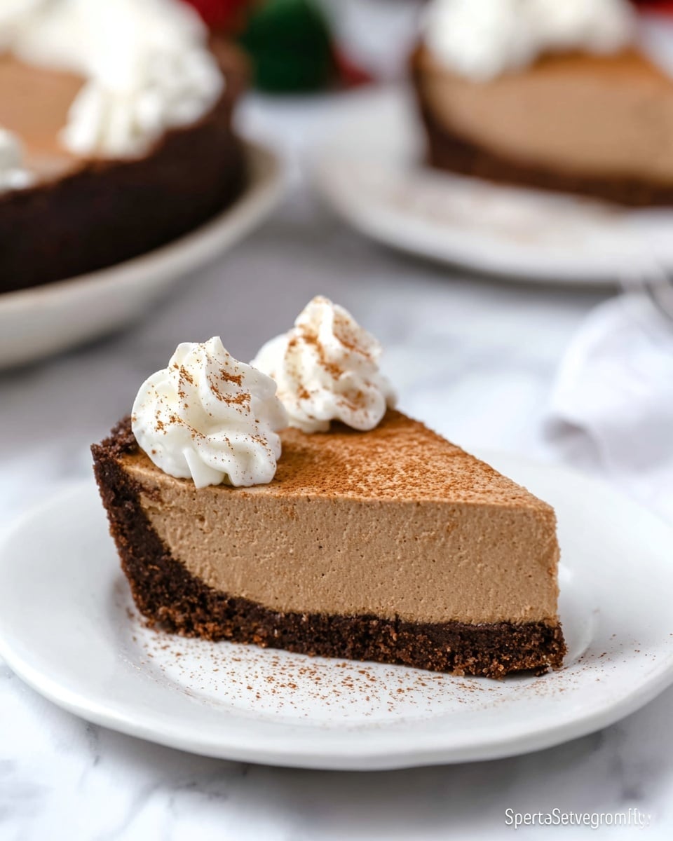 A slice of pie with three visible layers is shown on a white plate set on a white marbled surface. The bottom layer is a dark brown crust, firm and slightly crumbly. The middle layer is a thick, smooth, light brown filling that looks creamy and dense. The top layer is decorated with three small swirls of white whipped cream, lightly dusted with a fine sprinkling of cinnamon or cocoa powder. Another similar slice is blurred in the background on another white plate, with part of a pie in a dark dish also visible. Photo taken with an iphone --ar 4:5 --v 7