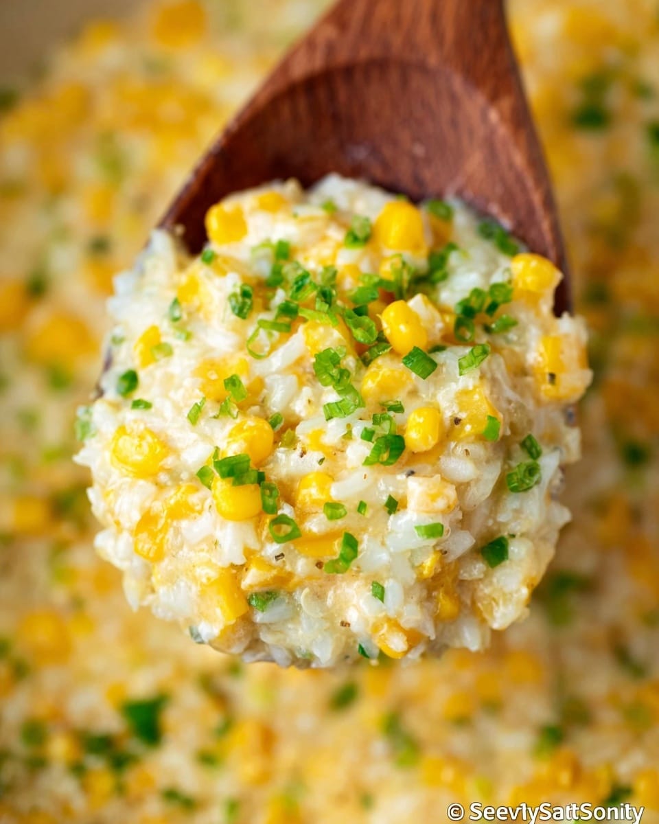 A close-up of a wooden spoon scooping a creamy rice and corn dish with finely chopped green onions sprinkled on top, showing a mix of soft yellow corn kernels and white rice grains coated in a smooth, slightly cheesy-looking sauce. The background is blurred but matches the creamy yellow and green colors of the dish, placed on a white marbled surface. photo taken with an iphone --ar 4:5 --v 7