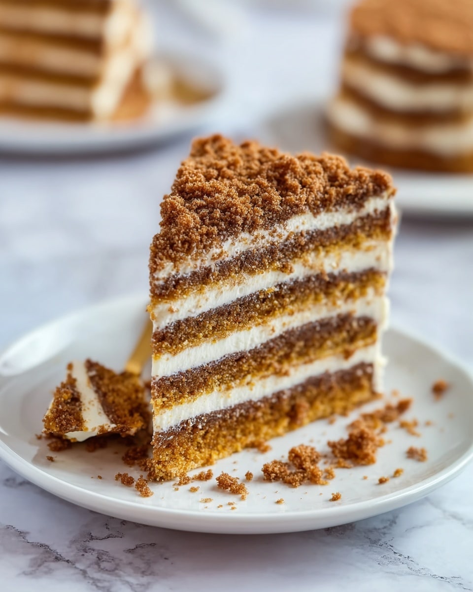 A tall slice of layered cake with five distinct layers sits on a white plate over a white marbled surface. The cake alternates between light brown cake layers and creamy white frosting layers, topped with a crumbly, textured brown topping that covers the entire top and spills slightly onto the plate. The texture of the cake looks soft and moist, while the frosting appears smooth and thick. A small triangular piece of cake with the same layering is broken off and resting beside the slice on the plate with crumbs scattered around. In the blurred background, another slice of the cake is visible on a white plate. Photo taken with an iphone --ar 4:5 --v 7