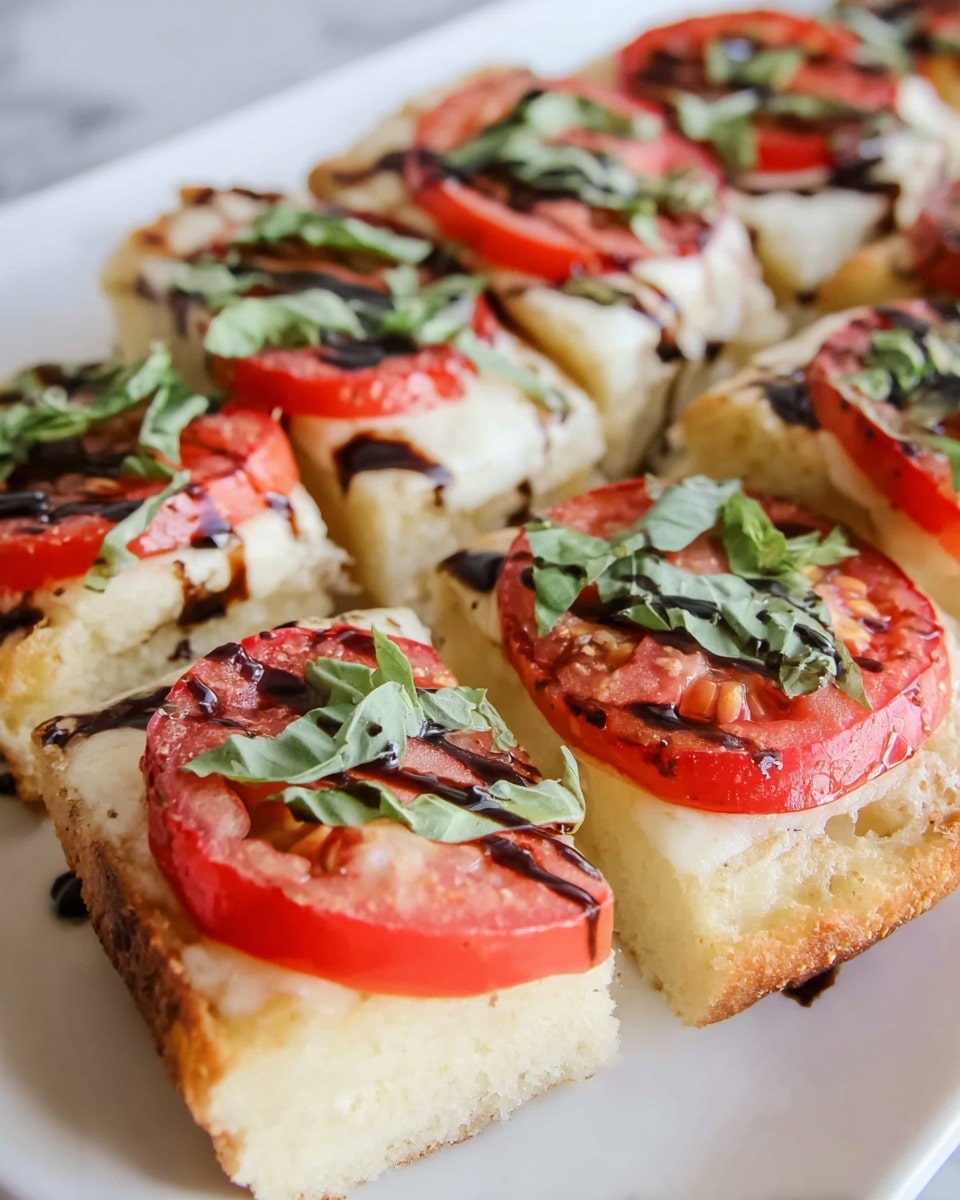The dish shows several slices of a flatbread with three clear layers: the bottom is a thick, soft bread with a pale yellow color, the middle layer is white melted cheese, and the top layer consists of bright red tomato slices topped with fresh green basil leaves and drizzles of dark balsamic glaze. The flatbread pieces are placed close to each other on a white plate, all set on a white marbled surface. The textures of the bread look soft and porous, while the tomatoes are juicy and fresh. photo taken with an iphone --ar 4:5 --v 7