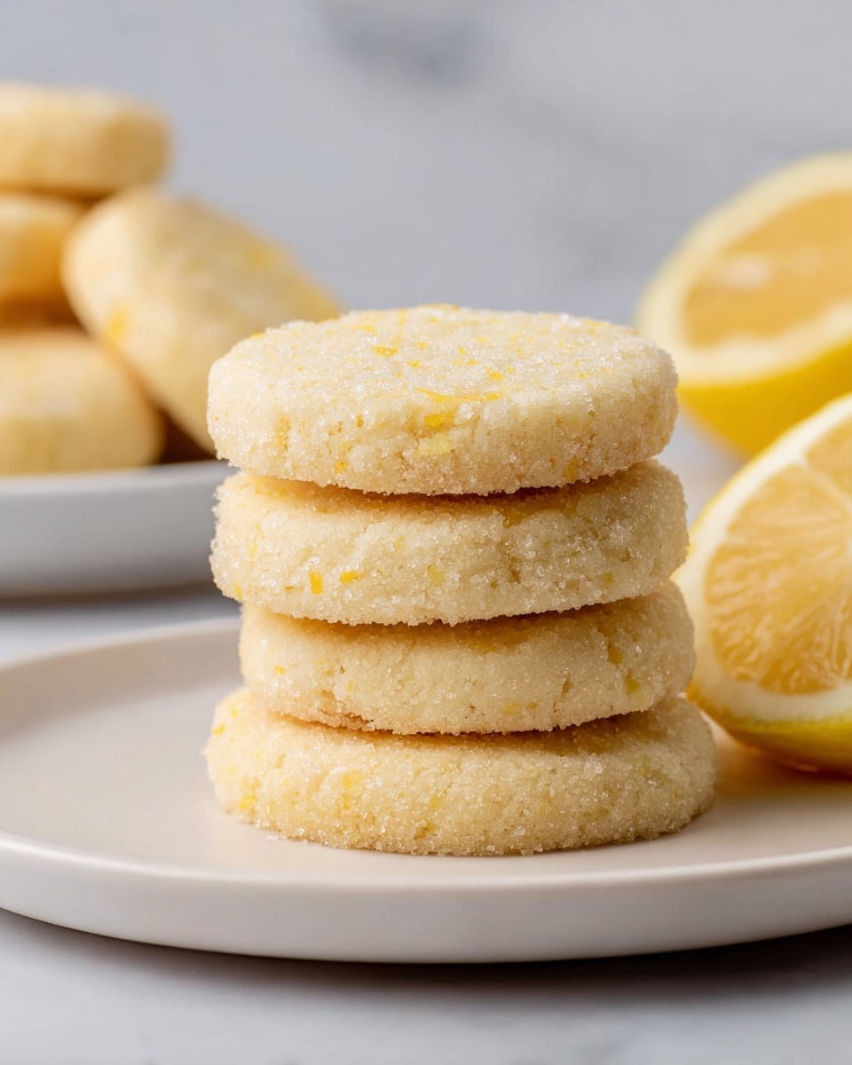 A stack of four round lemon cookies is placed on a white plate, set on a white marbled surface. The cookies have a light yellow color with a sugar-crystal coating that gives a slightly rough texture. The top cookie shows a bite taken out, revealing a soft, crumbly inside that is pale and moist. The background is softly blurred with hints of more cookies and a lemon, adding a fresh and bright atmosphere. Photo taken with an iphone --ar 4:5 --v 7