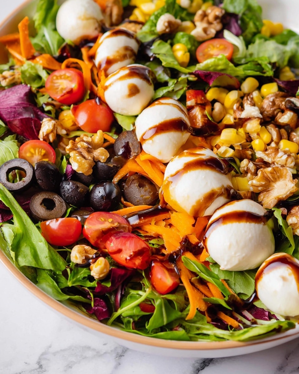A close-up view of a colorful salad in a white bowl placed on a white marbled surface includes three layers: the bottom layer is mixed green leaves with different shapes and shades, the middle layer has bright red cherry tomato halves, black olives, yellow corn kernels, thin orange carrot strips, and pieces of walnuts, while the top layer features smooth white balls of mozzarella cheese drizzled with a dark balsamic glaze, all mixed evenly. Photo taken with an iphone --ar 4:5 --v 7