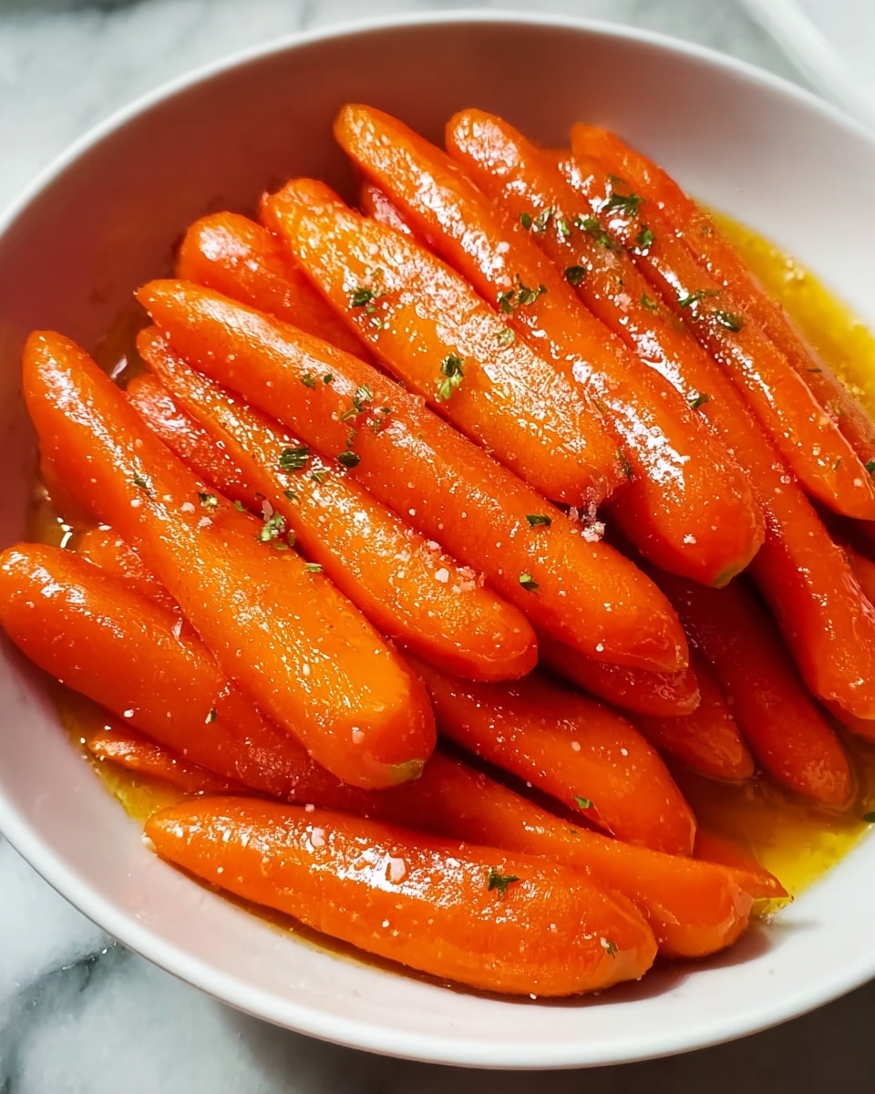 The image shows a white bowl filled with about two layers of glossy, glazed carrots that are bright orange in color and look tender. The carrots are arranged in a slightly overlapping way, with the top layer featuring whole small carrots that are shiny with a visible glaze of butter or syrup, which creates a smooth, wet texture. The carrots are sprinkled lightly with small green herb bits and tiny seasoning flakes, adding subtle detail on their surface. The bowl sits on a white marbled surface. Photo taken with an iphone --ar 4:5 --v 7