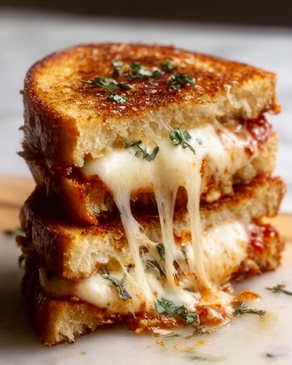 The image shows a grilled sandwich cut in half and stacked, with melted white cheese stretching between the layers. The sandwich bread is golden brown and crispy, with a slightly shiny toasted surface. Inside, there is a layer of white melted cheese and a red sauce beneath it, slightly oozing out. Green herbs sprinkle on top and between the layers, adding a touch of color. The sandwich pieces rest on a white marbled surface with soft lighting highlighting the texture of the bread and cheese. Photo taken with an iphone --ar 4:5 --v 7