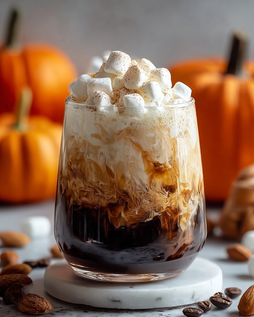 A clear glass filled with three distinct layers: the bottom layer is dark brown coffee with a slightly reflective surface; above it is a swirling mix of creamy light brown and white creating a marbled effect; topped with a thick layer of white whipped cream dotted with small white marshmallows sprinkled with light brown powder. The glass sits on a white marbled surface with two orange pumpkins blurred in the background and some scattered almond pieces and coffee beans around the base. Photo taken with an iphone --ar 4:5 --v 7