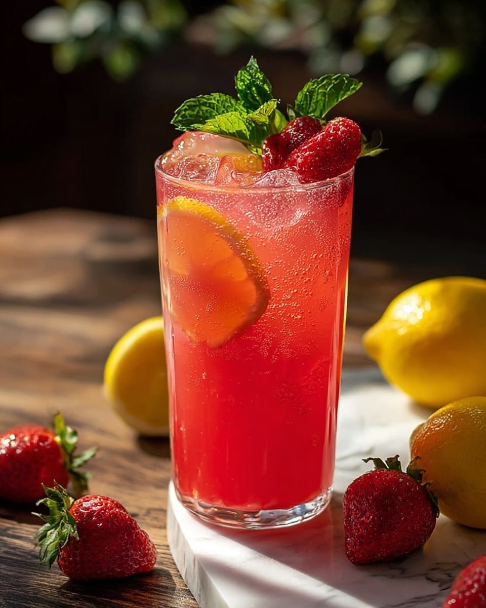 A tall clear glass filled with a bright red drink with tiny bubbles and ice cubes floating inside, a yellow lemon slice sits within the drink near the upper middle, the glass is topped with two halved strawberries and green mint leaves, the glass rests on a white marbled surface with whole strawberries, strawberry halves, and two yellow lemons scattered around it in soft sunlight, the background is blurred dark wood. photo taken with an iphone --ar 4:5 --v 7