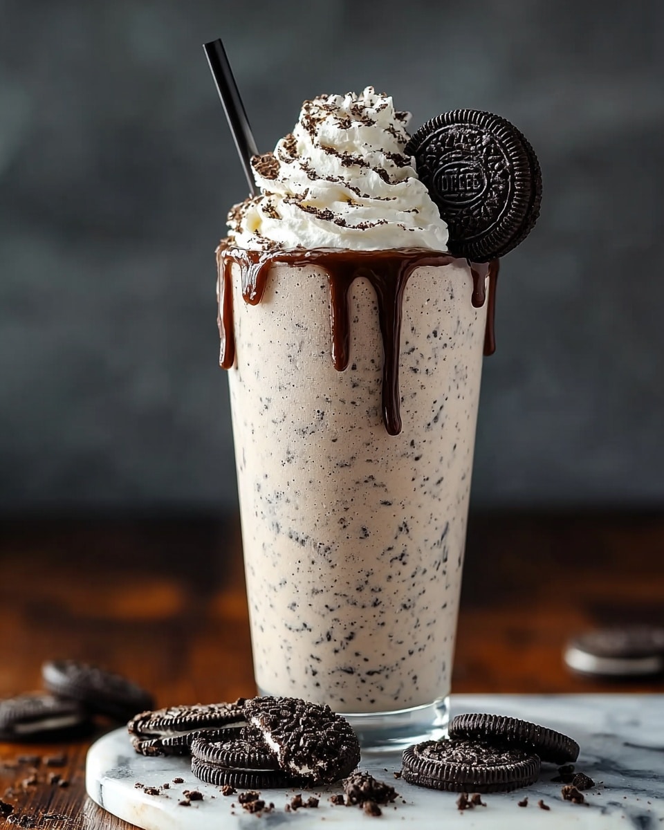 A tall, clear glass filled with a light beige milkshake speckled with small dark cookie pieces. The milkshake reaches just below the rim and is topped with a generous swirl of white whipped cream. Dark chocolate syrup drips down the sides of the glass from the whipped cream. An Oreo cookie rests on top of the whipped cream near the middle, and a black straw is inserted behind it. Several whole and broken Oreo cookies lay scattered at the base of the glass on a white marbled surface. The background is blurry with dark grey tones. Photo taken with an iphone --ar 4:5 --v 7