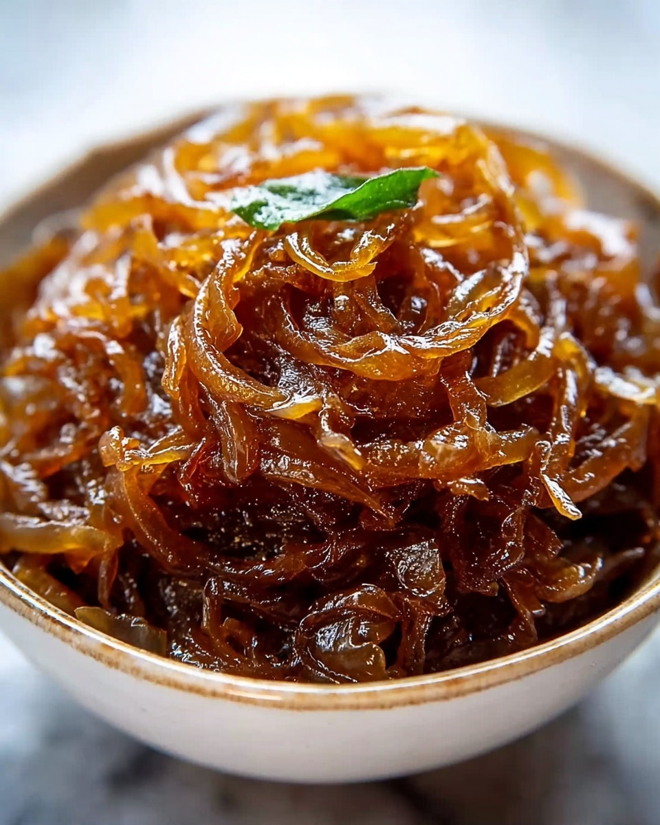 A close-up view of a small white bowl filled with a glossy pile of caramelized onions. The onions are rich brown with darker edges, showing layers of thin, translucent strands cooked down into soft, slightly sticky curls. A small green herb leaf sits on top, adding a touch of color contrast. The bowl sits on a white marbled surface. Photo taken with an iphone --ar 4:5 --v 7