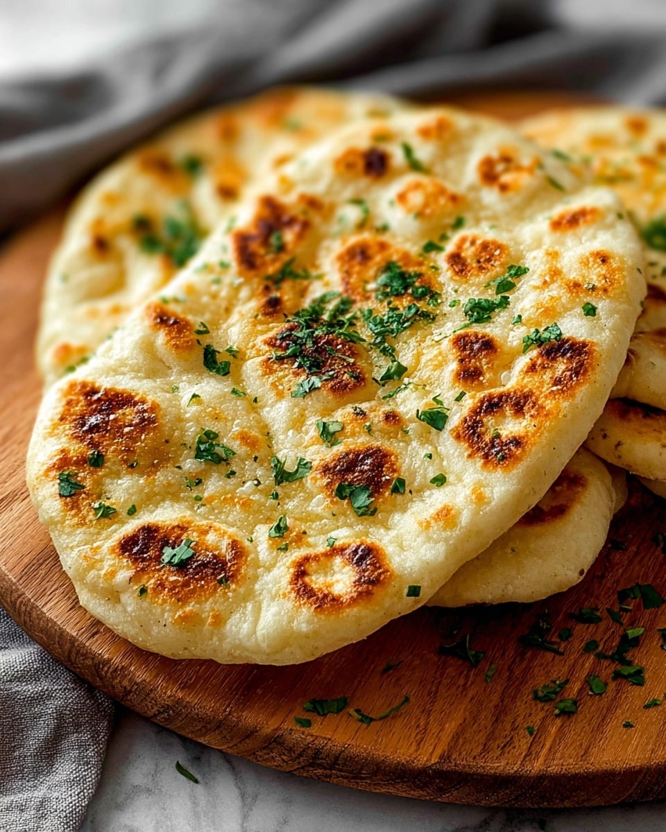 The image shows a close-up of three pieces of golden-brown naan bread stacked slightly on each other on a round wooden board. Each naan has a soft, slightly puffy texture with uneven golden-brown spots from cooking, and small bright green chopped herbs sprinkled across the surface. The background features a white marbled texture partially covered by a gray cloth under the wooden board. photo taken with an iphone --ar 4:5 --v 7