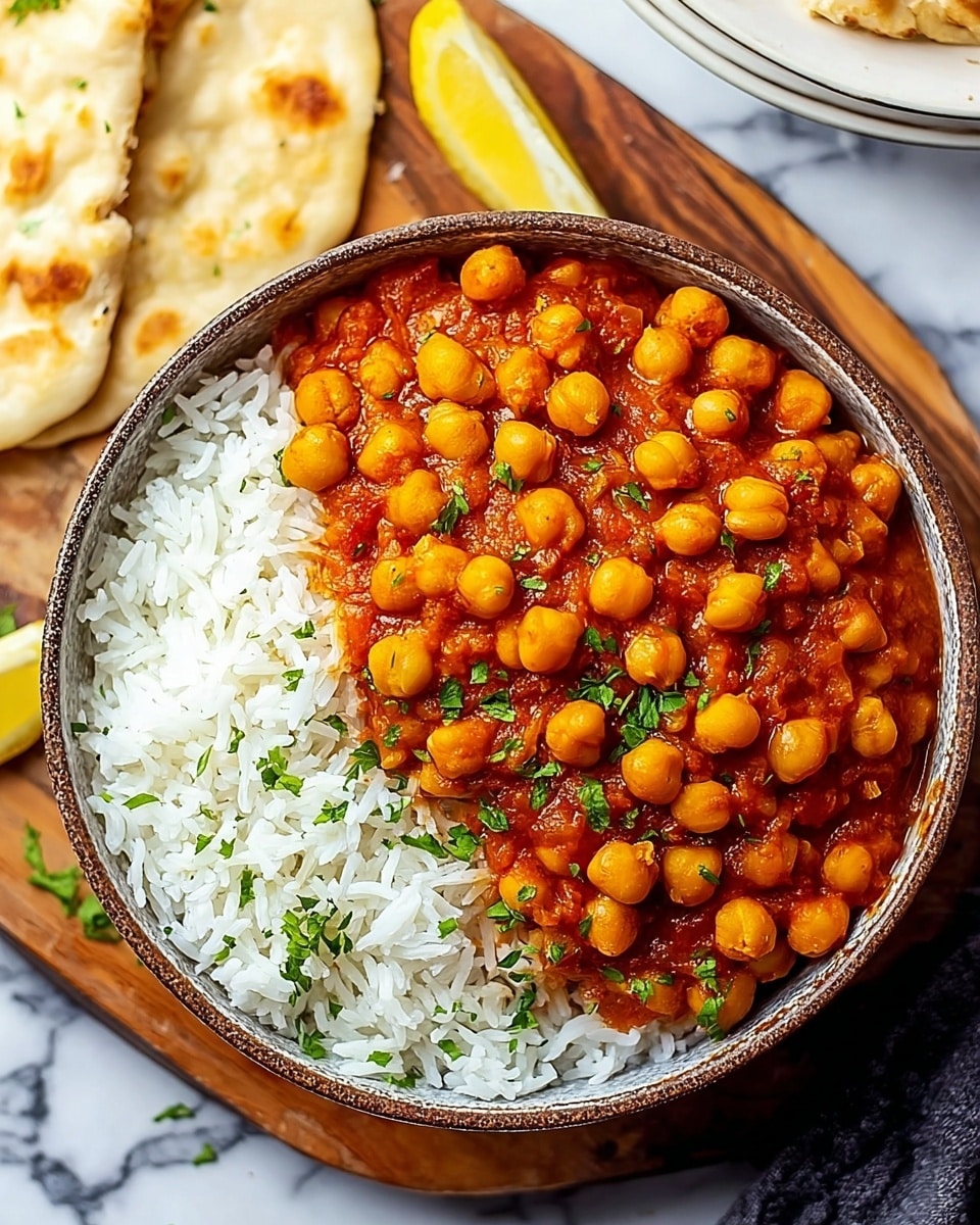 A bowl filled with two main layers is shown on a white marbled surface. The bottom layer on one side of the bowl is fluffy white rice with visible grains, soft and slightly shiny. The top layer on the other side is a thick, rich chickpea curry with whole golden chickpeas in a bright reddish-orange sauce. The curry sauce looks smooth and saucy with some texture from the chickpeas and spices. Small bits of green herbs are sprinkled over the chickpeas for color contrast. The bowl is placed on a wooden board, next to a lemon wedge and part of a white plate with flatbreads visible in the background. Photo taken with an iphone --ar 4:5 --v 7