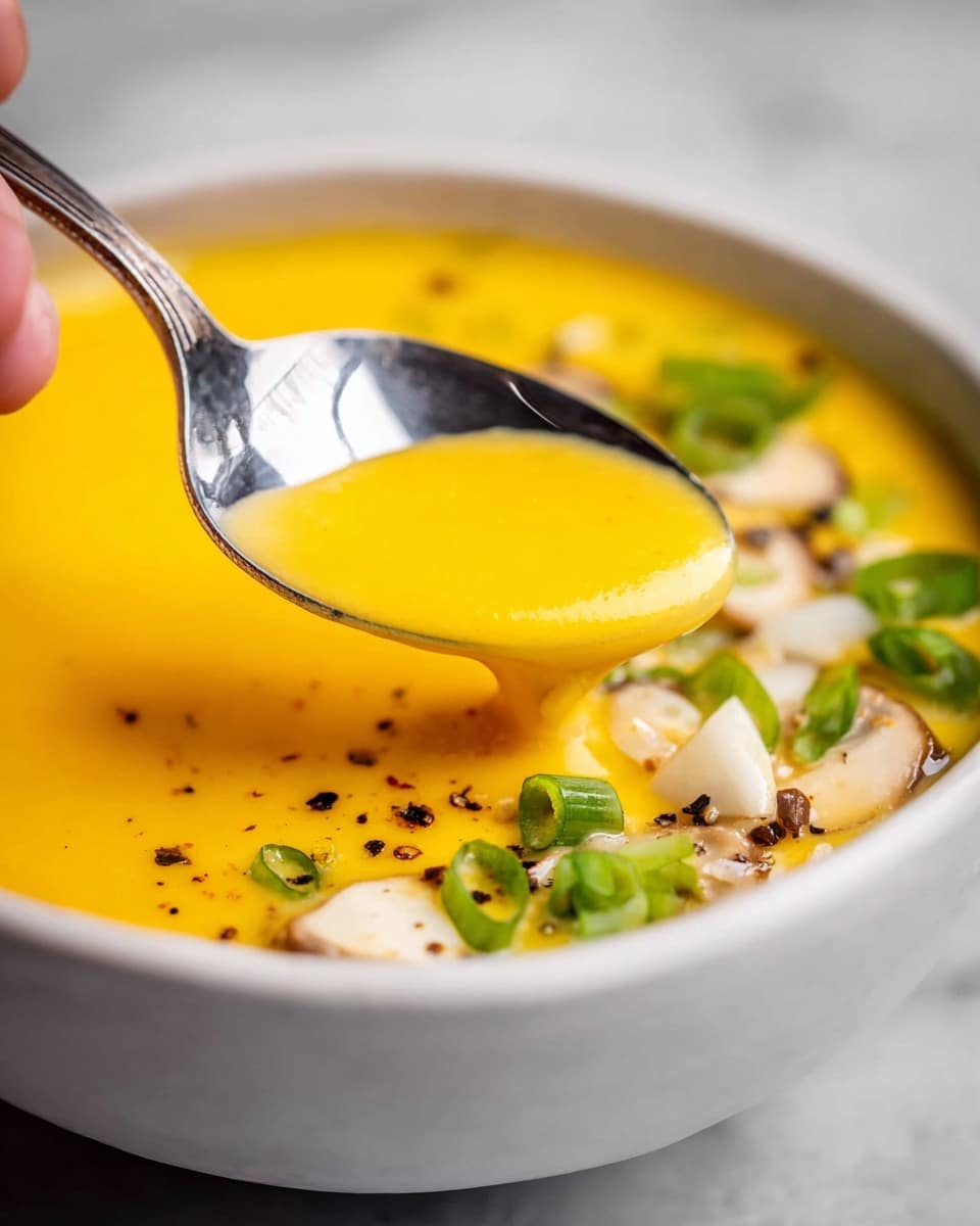 A close-up image of a bowl with bright yellow soup filling most of the space, showing a smooth and creamy texture. On one side, small green spring onion slices and white mushroom chunks are visible, scattered on the soup’s surface, sprinkled with small black pepper bits. A shiny silver spoon, held by a woman's hand, dips partly into the soup, creating a reflective surface on the spoon’s bowl. The bowl is white and sits on a white marbled texture. photo taken with an iphone --ar 4:5 --v 7