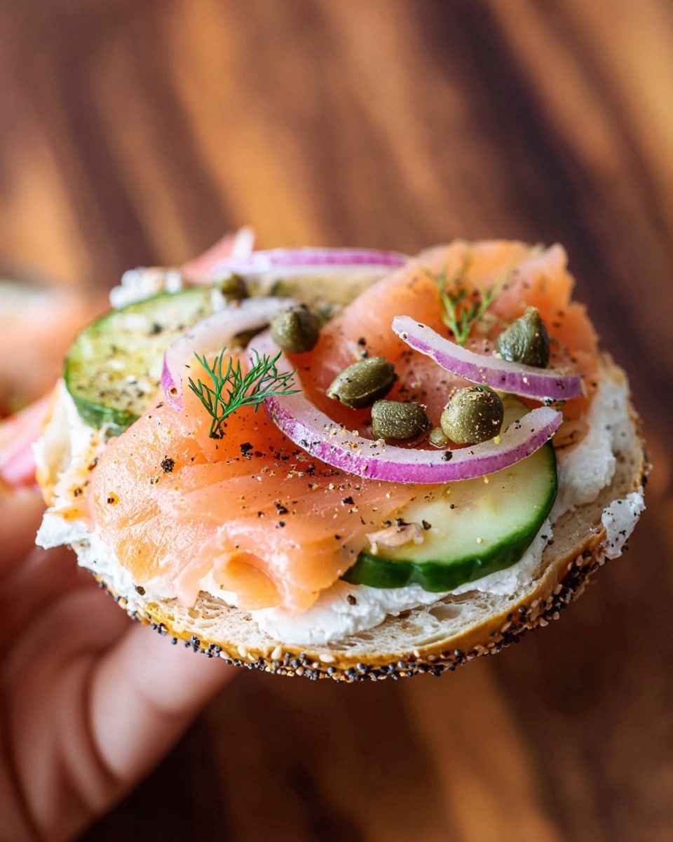 A close-up of an everything bagel half held by a woman's hand showing a thick white cream cheese base, topped with a layer of pale orange smoked salmon, thin slices of green cucumber and light purple red onion rings, scattered green capers, and a small sprig of fresh green dill, all sprinkled with ground black pepper, with a blurred brown wooden background replaced by white marbled texture. photo taken with an iphone --ar 4:5 --v 7