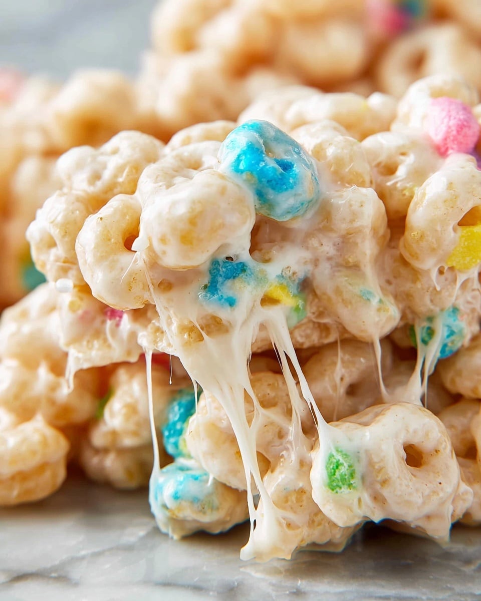 Close-up view of a gooey cereal treat made from round, puffed cereal pieces bound with melted, creamy white marshmallow. The cereal pieces are light beige with small bits of bright, colorful candy mixed in, including blue, pink, and yellow spots. The marshmallow layer oozes and stretches between the cereal clusters, creating sticky, shiny strands of white connecting the cereal pieces. The treat has no distinct layers but is a clumped, textured mass with lots of visible shiny, sticky marshmallow coating and colorful candy bits visible throughout. The background is a white marbled texture. photo taken with an iphone --ar 4:5 --v 7