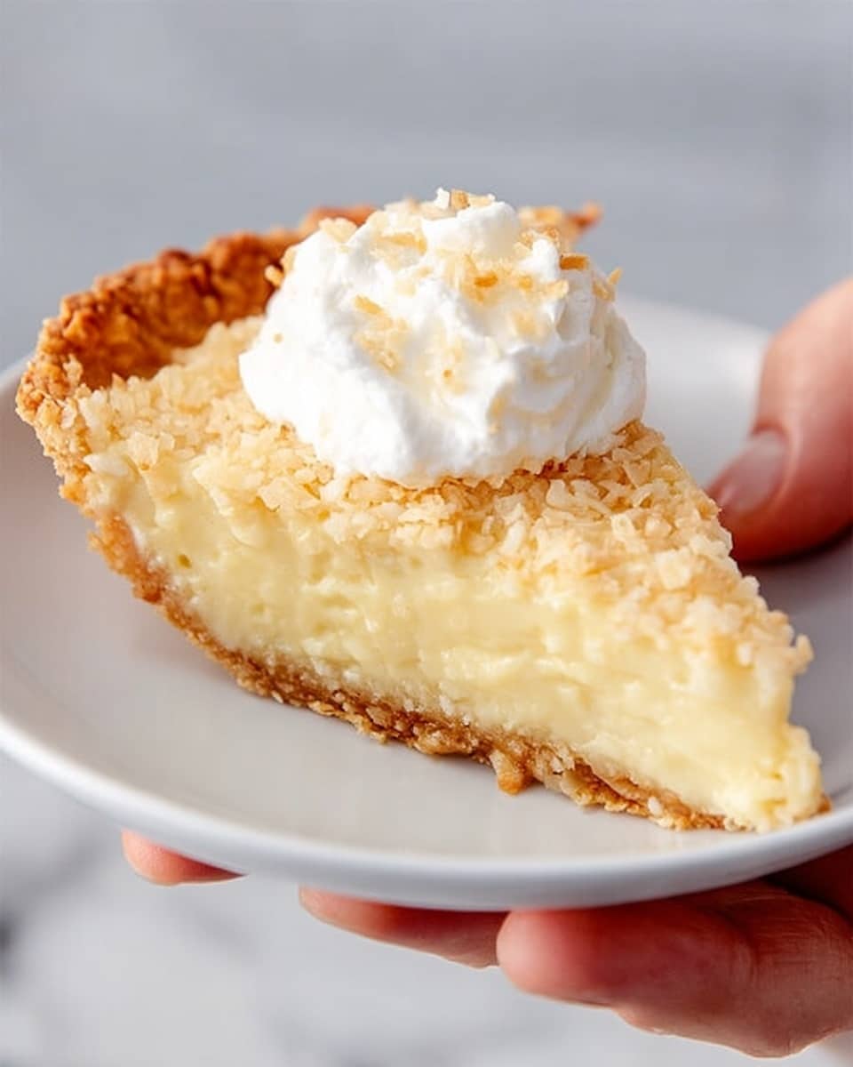 A slice of pie with a golden, crumbly crust and a thick, creamy pale yellow filling sits on a white plate. On top of the pie slice is a dollop of white whipped cream with some small, light brown sprinkles. A woman’s hand is holding the plate from the side. The background is a white marbled texture. photo taken with an iphone --ar 4:5 --v 7