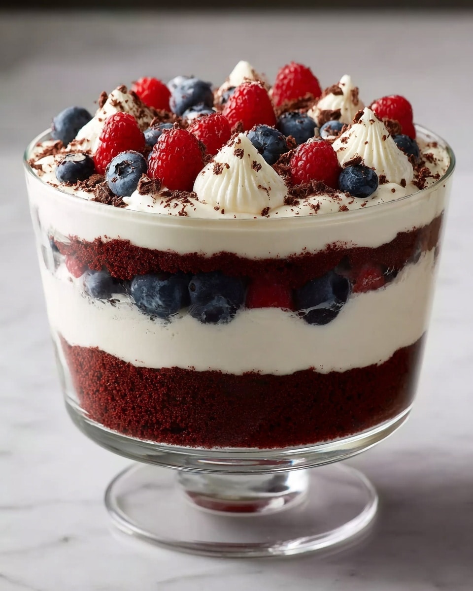 A clear glass bowl shows four layers of a dessert placed on a white marbled surface: the bottom layer is dark red cake crumbs, followed by a thick, smooth white cream layer, then a second dark red cake layer, and topped with a final thick white cream layer decorated with fresh blueberries and raspberries scattered evenly, with small cream dollops and chocolate crumbs sprinkled on top. photo taken with an iphone --ar 4:5 --v 7