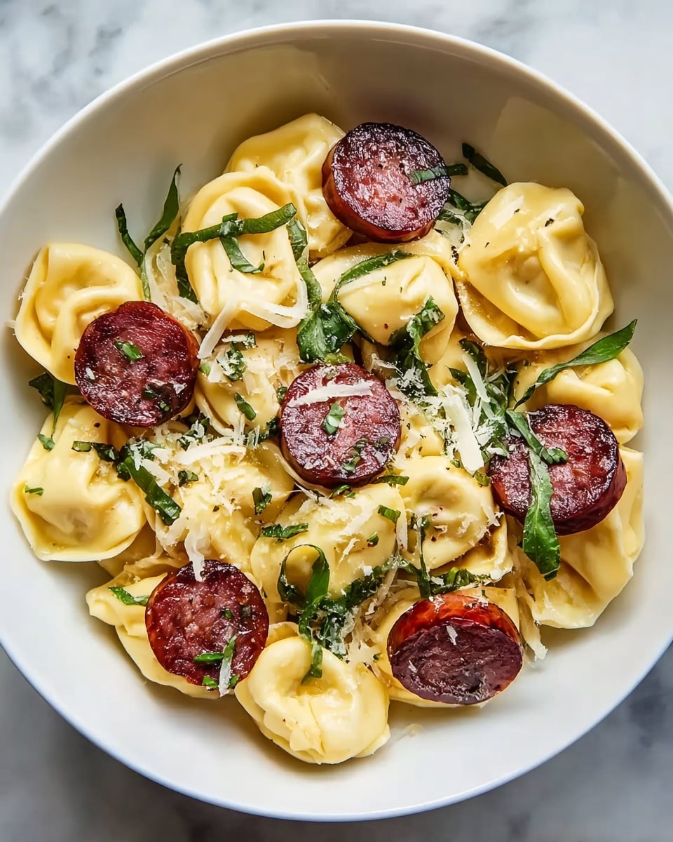 A white bowl contains a single layer of pale yellow tortellini pasta with a soft, smooth texture, each piece slightly folded. On top, there are several round slices of dark reddish-brown sausage, slightly glossy with a seared appearance. Thin green leaves and chopped herbs are scattered over the dish. Shredded, light-colored cheese is sprinkled lightly, adding a textured contrast. The whole dish rests on a white marbled surface. photo taken with an iphone --ar 4:5 --v 7