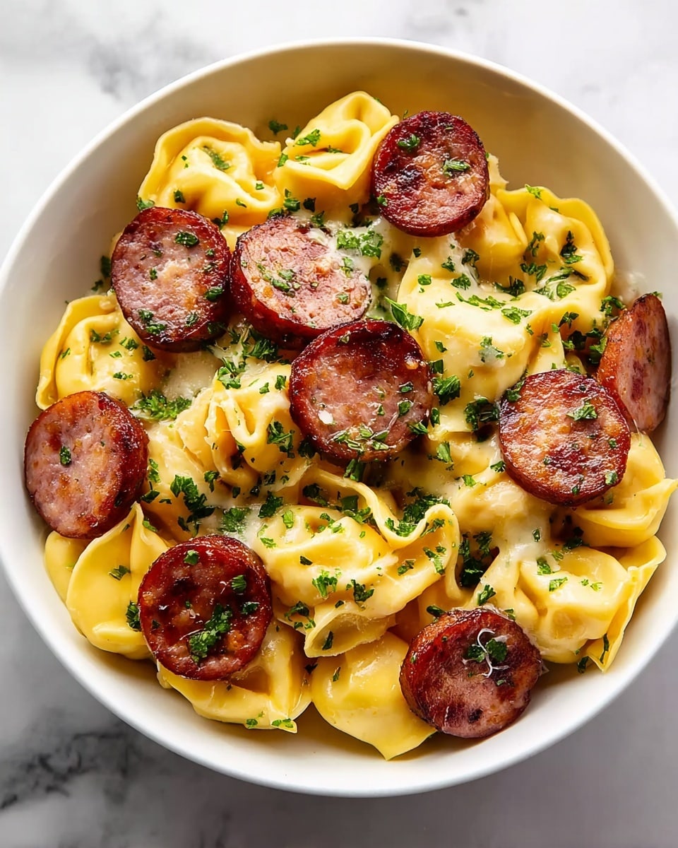 A white bowl filled with two layers of yellow cheese tortellini pasta topped with browned slices of sausage arranged unevenly. The tortellini have a soft texture with some melted cheese visible between them. The sausage slices are browned on the edges, giving them a slightly crispy look. Fresh, chopped green herbs are sprinkled all over the pasta and sausage, adding a bright contrast to the warm colors. The bowl is placed on a white marbled surface. photo taken with an iphone --ar 4:5 --v 7