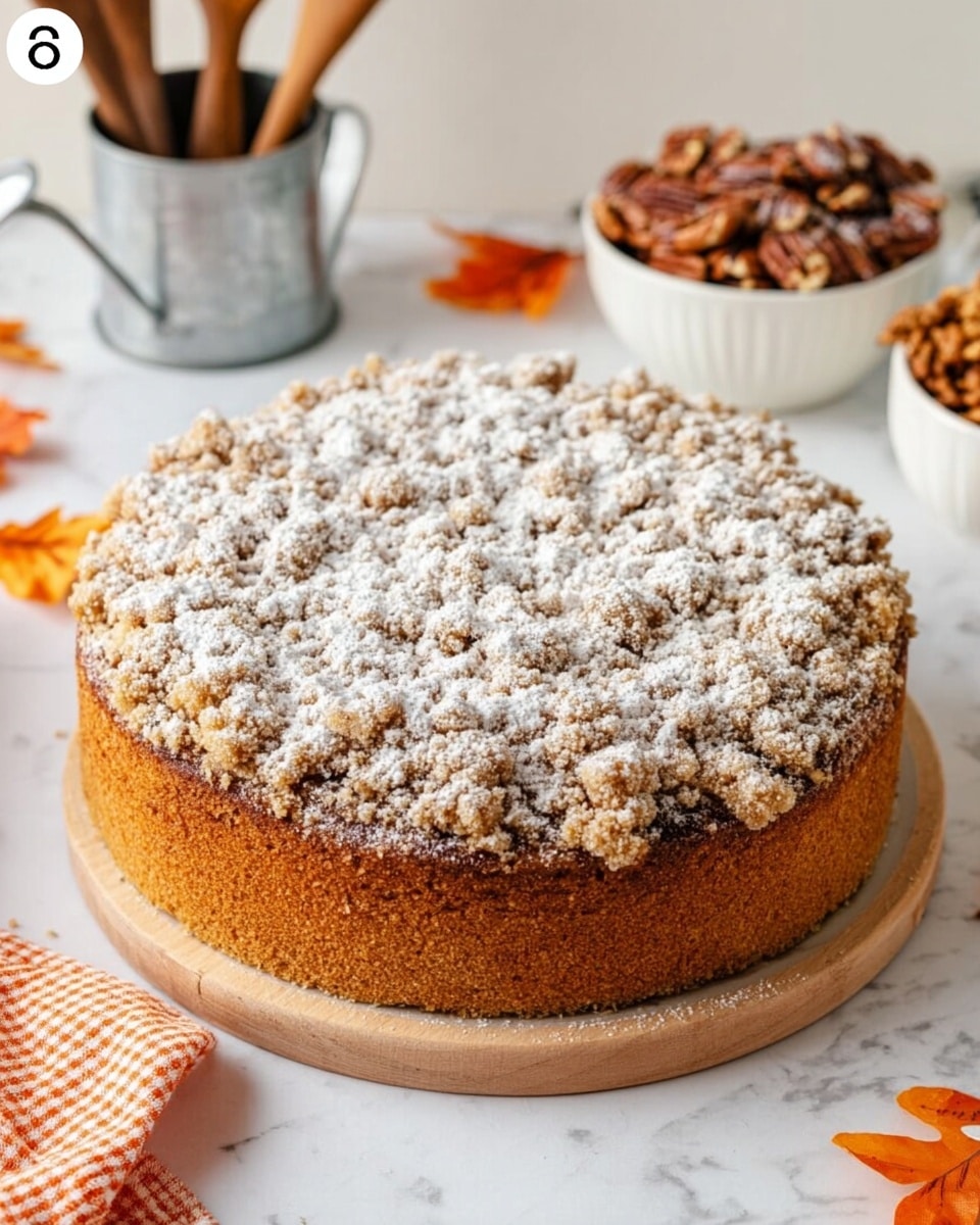 A two-layer orange cake with a crumbly brown topping dusted with white powdered sugar sits on a beige ceramic plate lined with parchment paper. Between the layers and on top, there is a thin spread of darker cinnamon or nut filling. The cake texture looks moist and dense with visible small nut pieces inside. A slice is cut out and placed in front on a white plate, and pecans are in a small white bowl nearby. The scene is set on a white marbled surface with kitchen tools in a metal container and a white butter dish in the background. Photo taken with an iphone --ar 4:5 --v 7