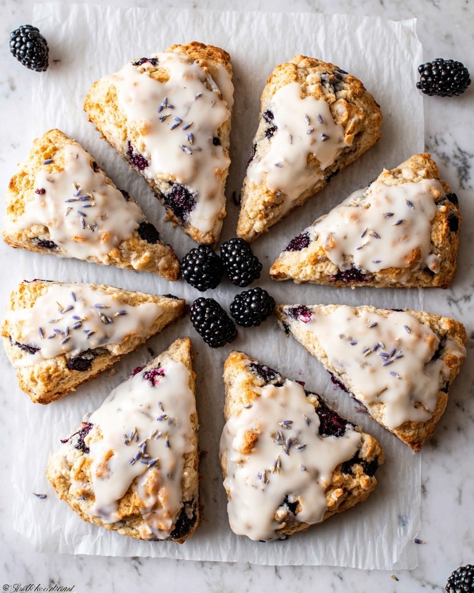 A round arrangement of eight triangular scones on translucent parchment paper shows a crumbly golden brown texture with dark purple blackberry pieces inside. Each scone is topped with a smooth, thick white glaze sprinkled with small purple lavender buds. In the center of the circle and nearby on the parchment are several whole fresh blackberries, shiny and black with a bumpy texture. The background is a white marbled surface. photo taken with an iphone --ar 4:5 --v 7