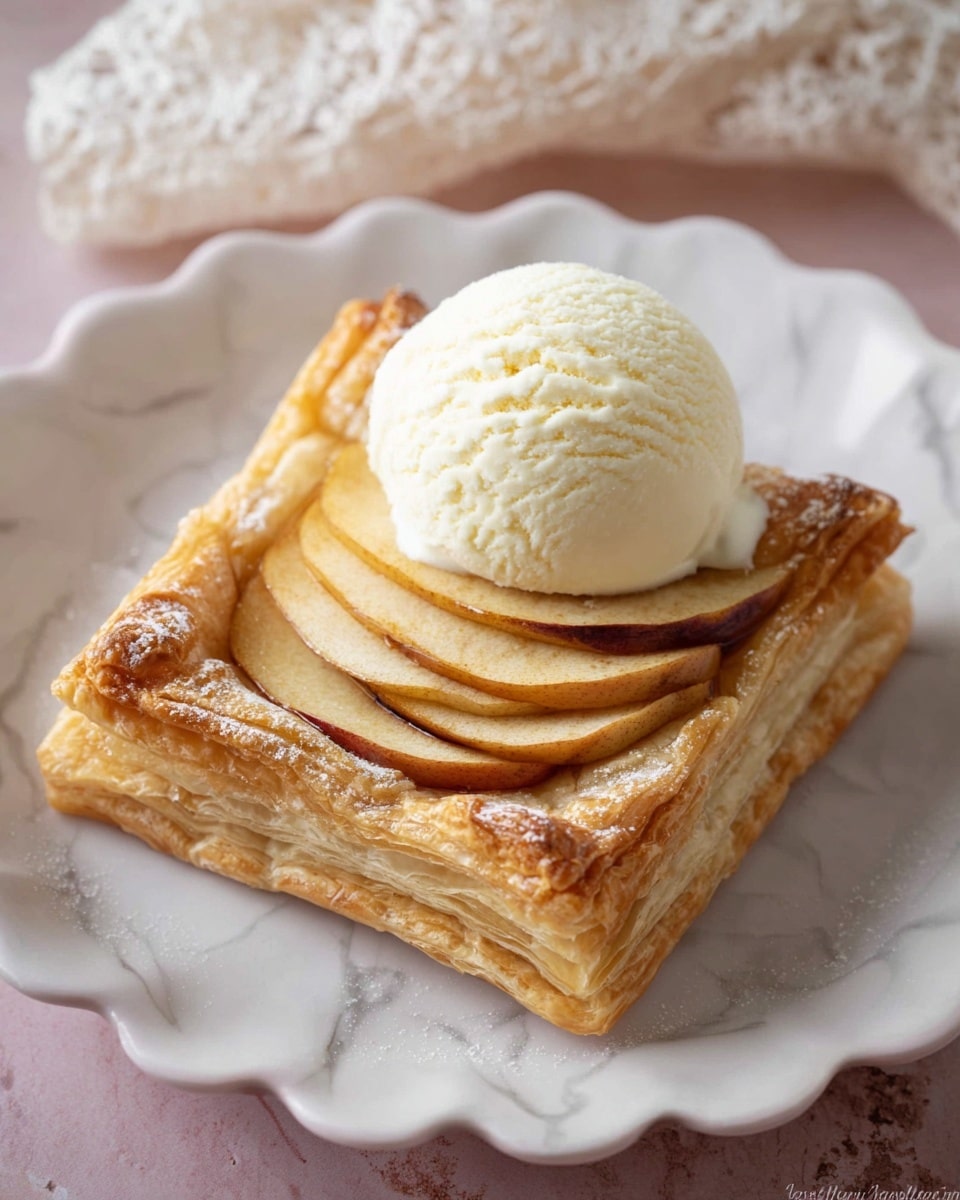 The image shows a dessert with two layers of golden-brown puff pastry squares, with one square slightly stacked on the other. On top of the upper pastry layer are thin slices of light yellow apple with a hint of brown on the edges, arranged in a fan shape. A smooth, round scoop of vanilla ice cream with a creamy white color is placed on top of the apple slices. The dessert sits on a white scalloped plate, which rests on a white marbled surface with part of a lace cloth visible in the background. photo taken with an iphone --ar 4:5 --v 7
