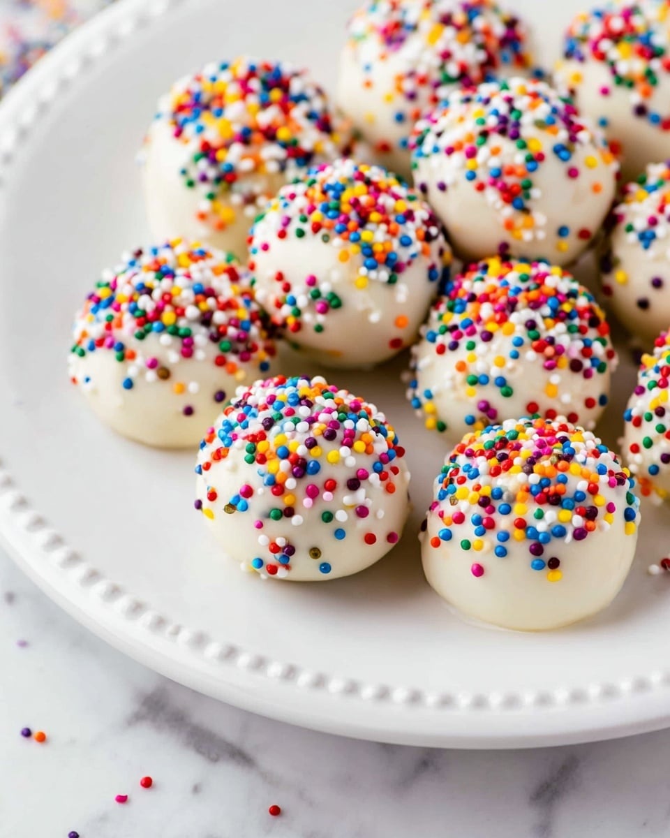 A close-up view of small round treats arranged on a white plate with a dotted rim. Each treat has a smooth, shiny white coating as the outer layer, generously covered with tiny colorful round sprinkles in red, blue, yellow, green, orange, purple, and white. The treats are clustered close together, showing their uniform spherical shape and the glossy texture of the coating. The plate rests on a white marbled surface with some scattered sprinkles visible around the edges. photo taken with an iphone --ar 4:5 --v 7