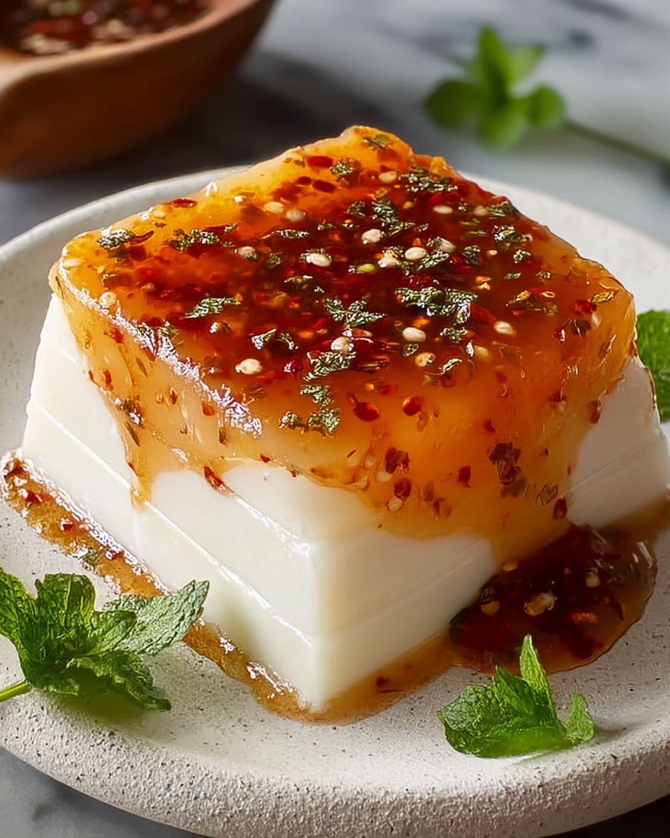 The image shows a thick, square-shaped white layered pudding with about five visible layers, each layer smooth and slightly translucent. On top, there is a glossy orange-brown sauce with specks of red chili flakes and small green herbs spread evenly, slightly dripping down the sides. The pudding sits on a small, round white plate with a subtle texture, placed on a white marbled surface. There are a few fresh green herb leaves beside the pudding on the plate, adding a touch of color. The photo taken with an iphone --ar 4:5 --v 7