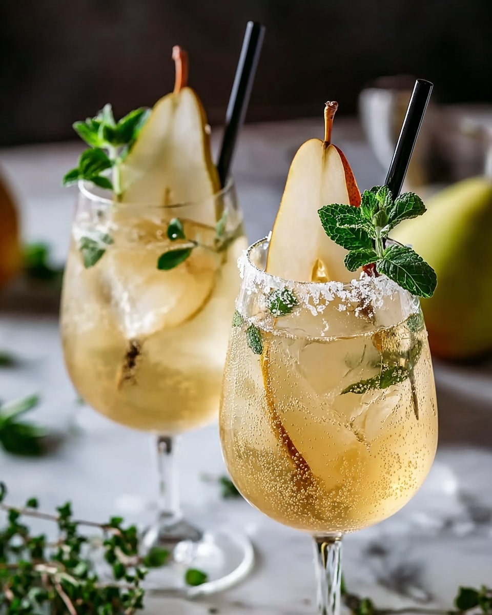 Two clear stemmed glasses filled with a light golden fizzy drink, each with a large ice cube inside. A thin slice of pear with its brown edge is placed inside each glass, partially submerged. The rims of the glasses are coated with a fine layer of white sugar. On top of each drink, there is a small bunch of fresh green mint leaves and a thin black straw. The background shows soft blurred shapes with herbs scattered on a white marbled surface. photo taken with an iphone --ar 4:5 --v 7