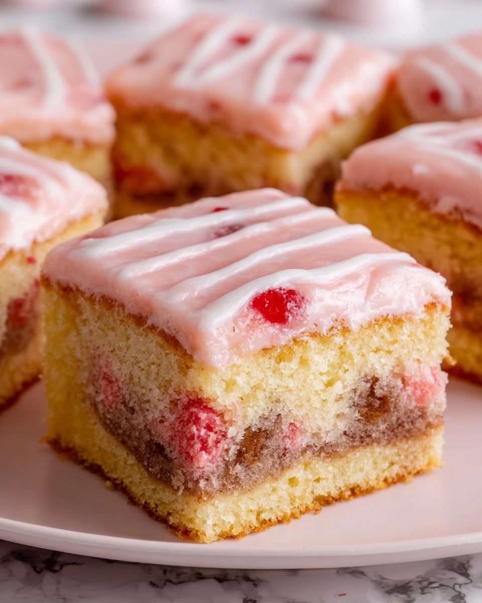 A close-up view of a square piece of layered cake on a white plate with a rim. The cake has three visible layers: the bottom layer is light golden yellow with a spongy texture, the middle layer has a mix of light pinkish and brown swirls with small bits of red fruit visible, and the top layer is a shiny pale pink glaze with white streaks running diagonally across. The background shows more pieces of the same cake slightly out of focus, all set on a white marbled surface. photo taken with an iphone --ar 4:5 --v 7